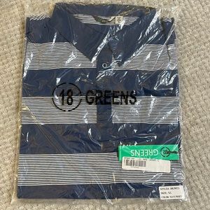 18 Greens mens XL golf polo NWT in original packaging, navy and white stripe